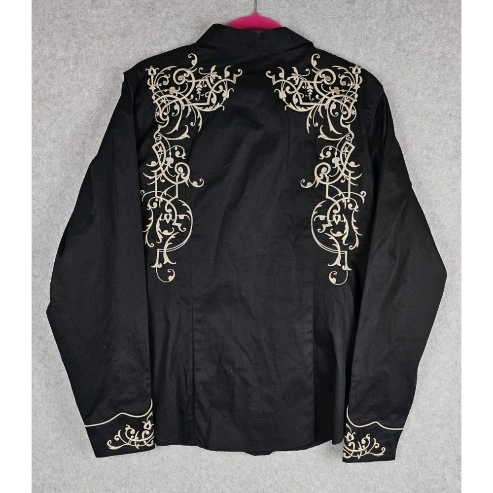 Roper VTG Western Women's XL Black Shirt Beige Embroidered Pearl Snap Cowgirl - Picture 2 of 16